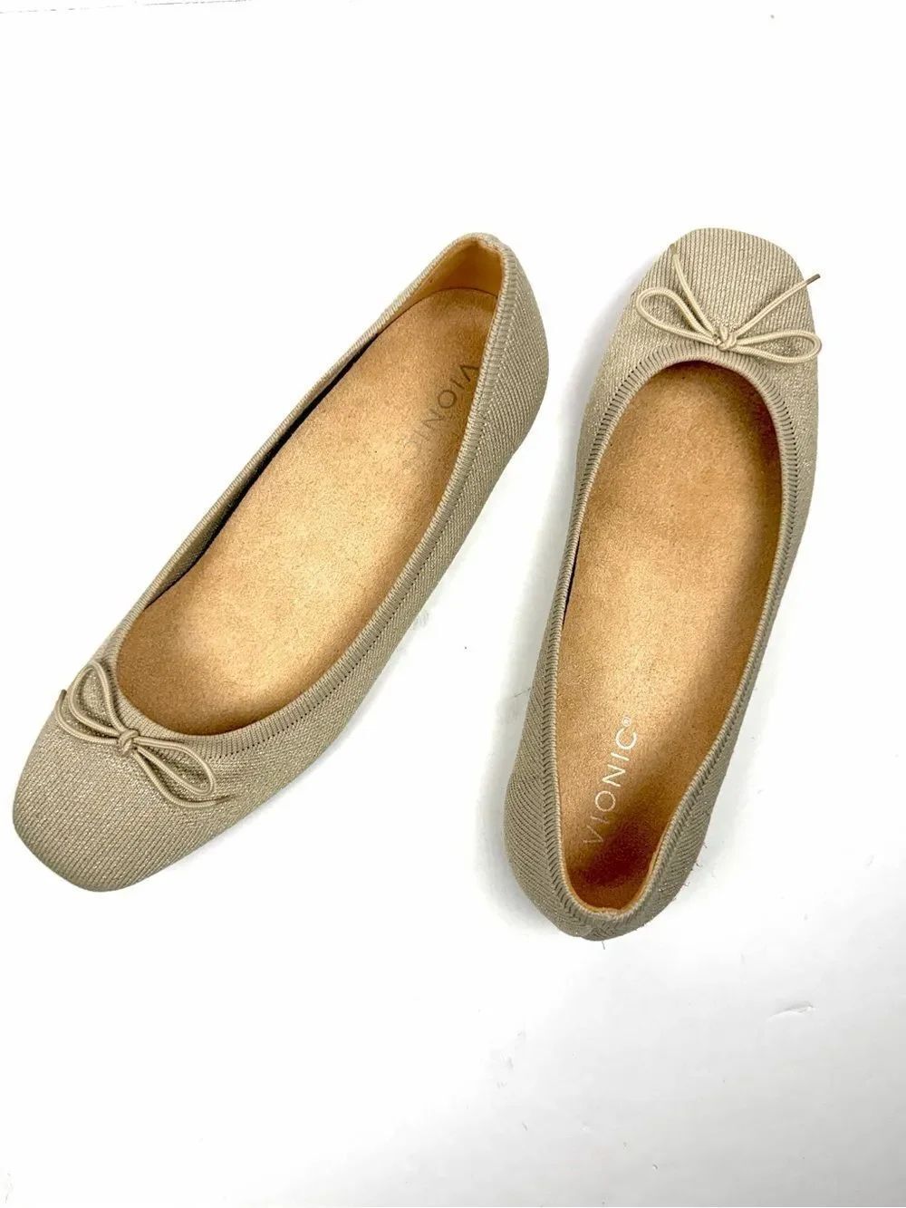 New Vionic Klara Ballet Flats Oatmeal Gold Shimmery Knit Arch Support 9,5 Wide